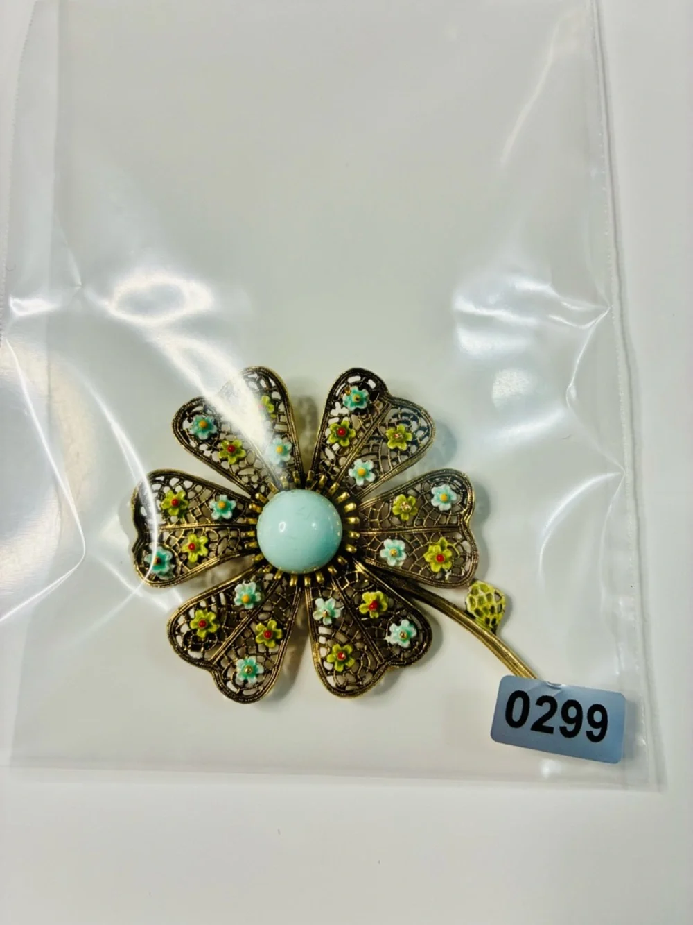VTG Art Floral Filigree Flower Brooch with Pale Blue Cabochon Signed Oversized